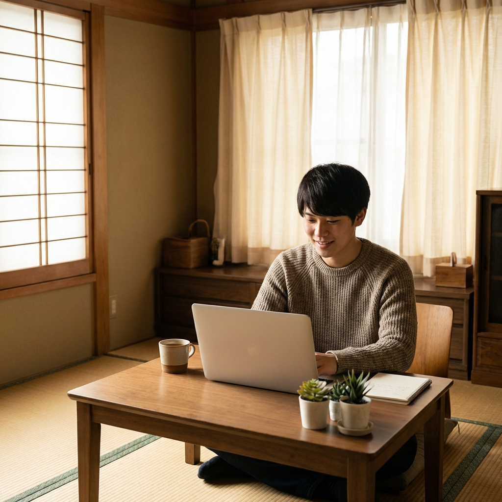 和室で穏やかにパソコン作業をする日本の若者