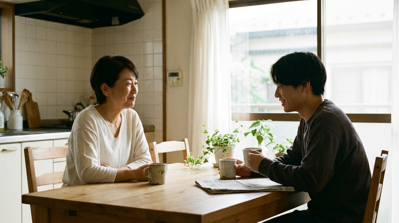 親子が穏やかに会話する日本の家庭風景