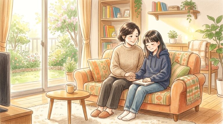 明るいリビングで母親が引きこもりのお子さんに優しく寄り添い、一緒に本を見ている温かい水彩画風イラスト