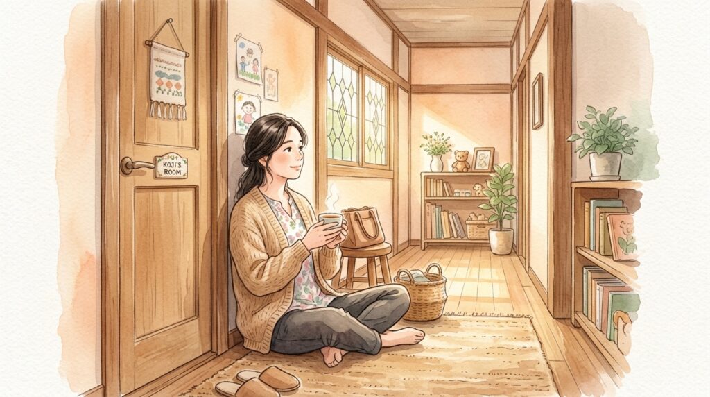 閉じたドアの前で温かく待つ母親を描いた引きこもり支援の理解と寄り添いを表す水彩画イラス