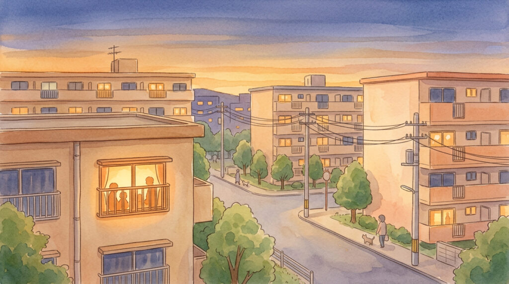 夕暮れの住宅街に温かく灯る複数の窓を描いた引きこもり146万人の現実と孤独ではないことを示す水彩画イラスト