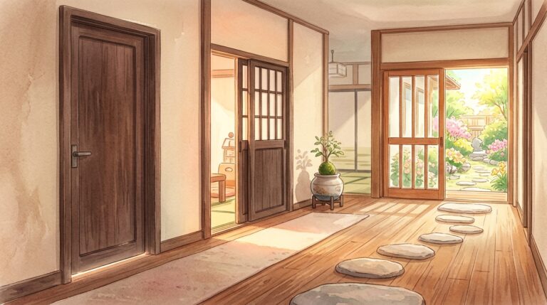 閉じたドアから半開きのドアへと段階的に開いていく引きこもり回復の3つのステージを表現した水彩画イラスト
