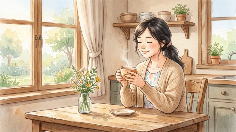 朝の光の中でお茶を飲み自責の念から解放され安堵の表情を浮かべる母親の水彩画イラスト