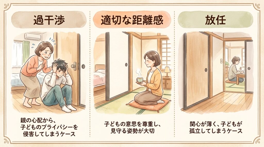 廊下で寝室のドアから適切な距離を保ち穏やかに待つ母親を描いた引きこもり支援の距離感を表す水彩画イラスト