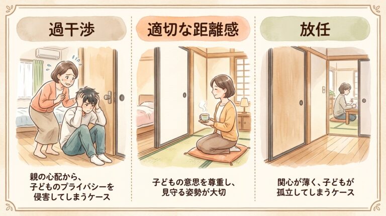 廊下で寝室のドアから適切な距離を保ち穏やかに待つ母親を描いた引きこもり支援の距離感を表す水彩画イラスト