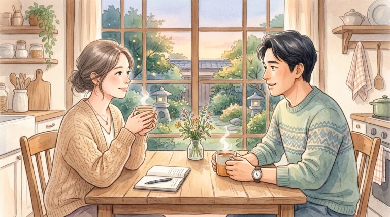 テーブルで向かい合い穏やかに話し合い方向性を揃える夫婦を描いた引きこもり支援の家族連携を表す水彩画イラスト