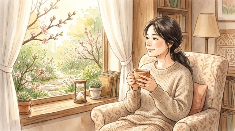 窓際で庭の花を眺めながら穏やかにお茶を飲み焦りと上手に付き合う母親を描いた水彩画イラスト