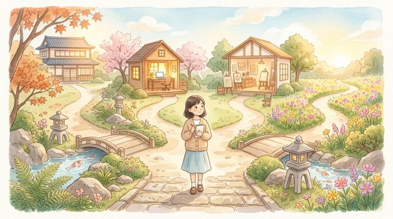 複数の道が分岐する庭園で多様な自立の選択肢を表現した引きこもり支援の新しい自立モデルの水彩画イラスト