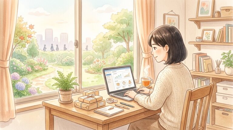 窓際の在宅デスクでノートパソコンに向かう若者を描いたデジタル時代の在宅自立を表現した水彩画イラスト