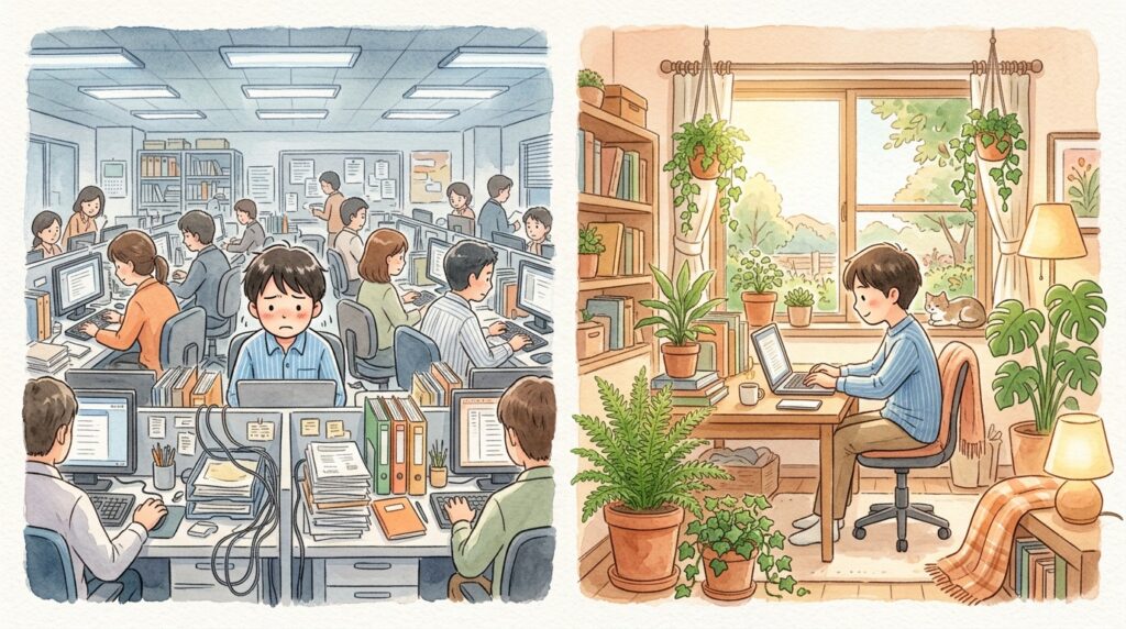 オフィスで苦しむ姿と在宅で生き生き働く姿を対比した働き方の個性と適性を表現した水彩画イラスト