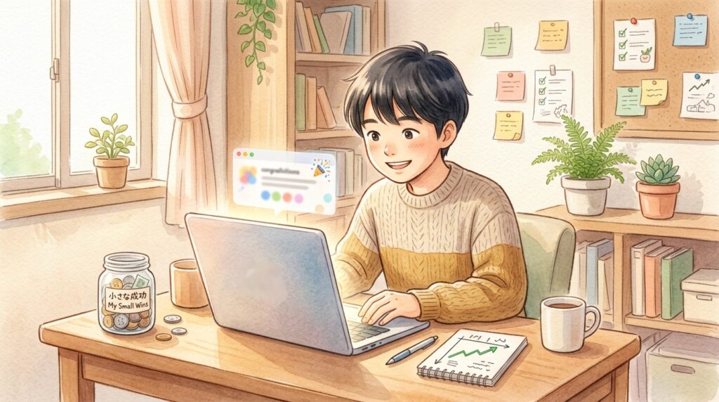 在宅デスクで初売上に静かに喜ぶ若者と積み重なるコインを描いた小さな成功体験で自己肯定感を育てる水彩画イラスト