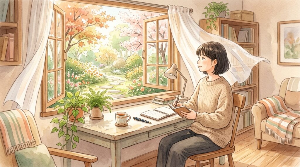 窓辺で外をプレッシャーなく穏やかに眺めながら自分の道を考える若者を描いた内発的動機による自立を表す水彩画イラスト