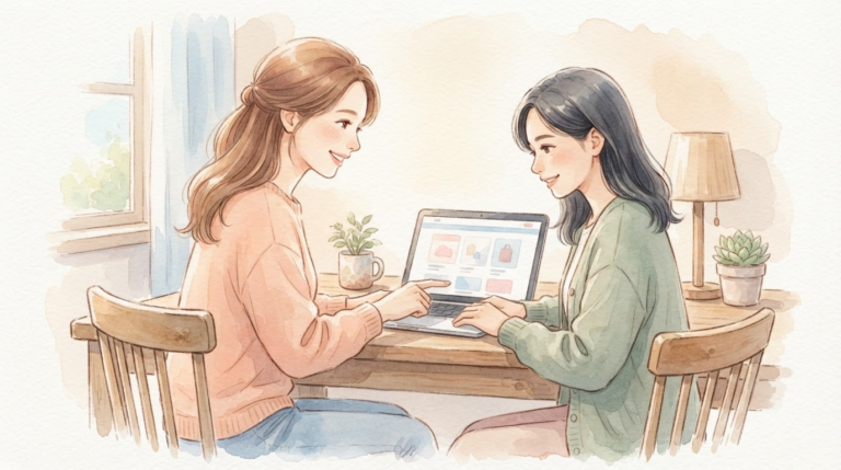 Amazon輸入物販の安全な仕組みをやさしく学び、安心する親子を描いたイラスト