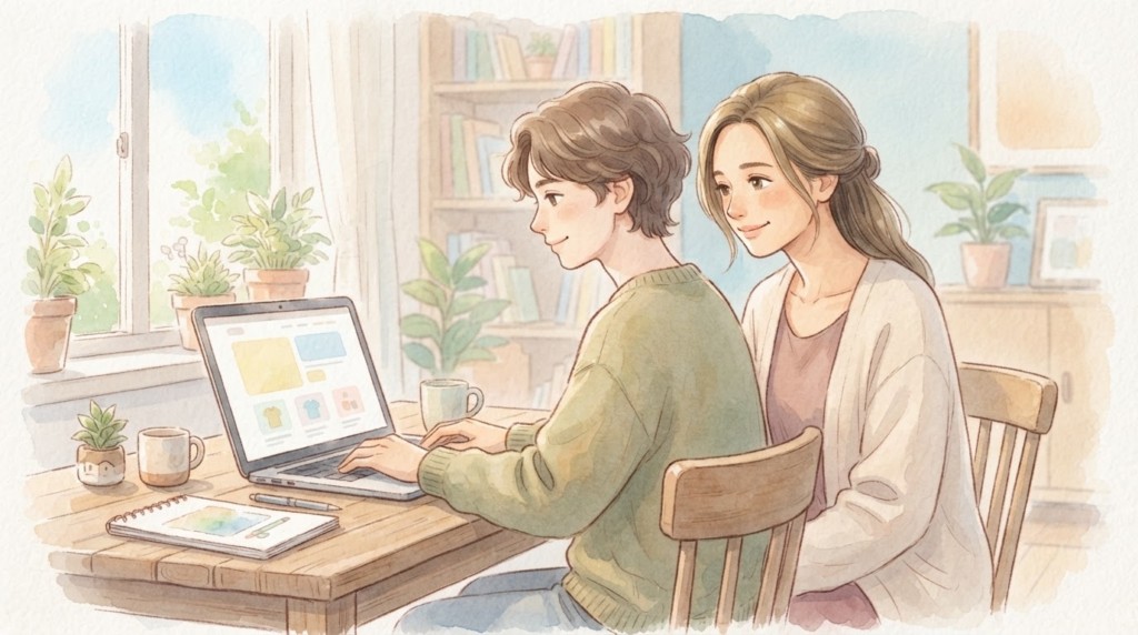 引きこもりの方とAmazon物販の相性の良さを表す、親子の温かいイラスト