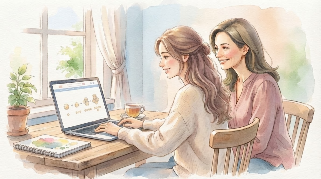 Amazon物販で月1万円から始める現実的な収入イメージを親子で確認するイラスト
