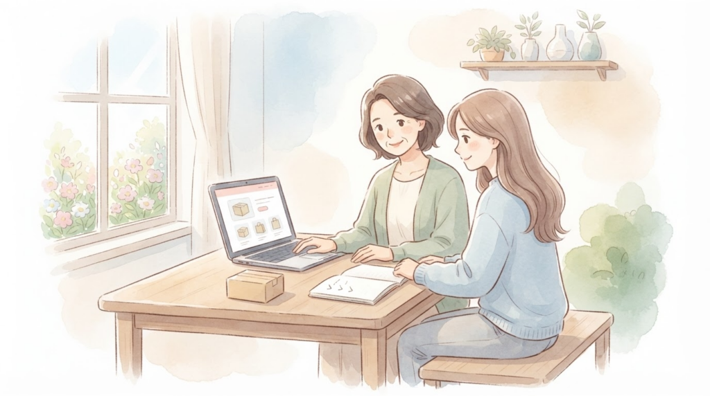 Amazon物販の在庫リスクを少額テスト仕入れとFBAで抑え、安心する親御さんのイラスト