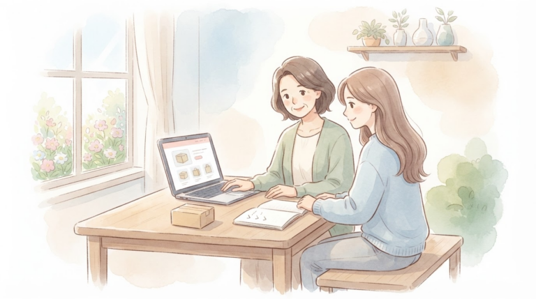 Amazon物販の在庫リスクを少額テスト仕入れとFBAで抑え、安心する親御さんのイラスト