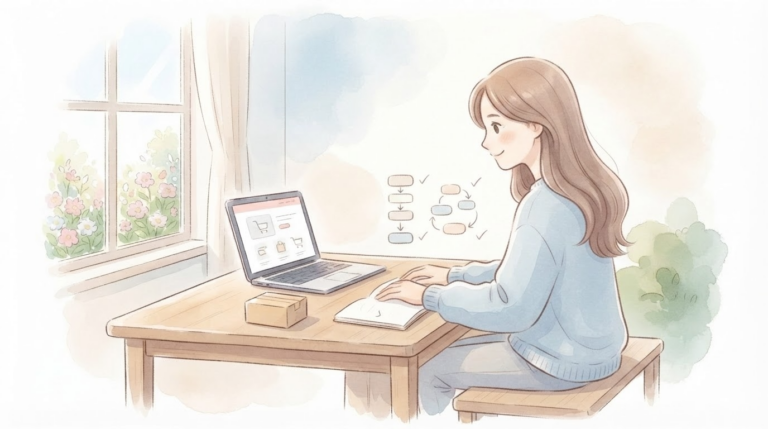 特別なスキル不要で手順通りに進められるAmazon物販の安心感を表すイラスト