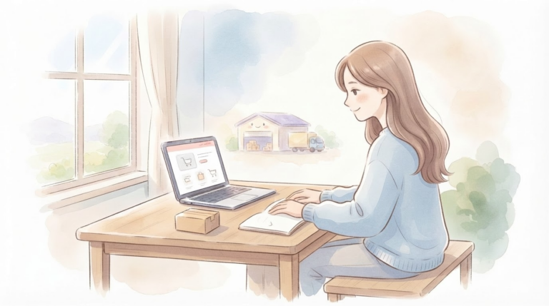 FBAで人間関係の負担なく在宅Amazon物販に取り組む当事者の穏やかなイラスト