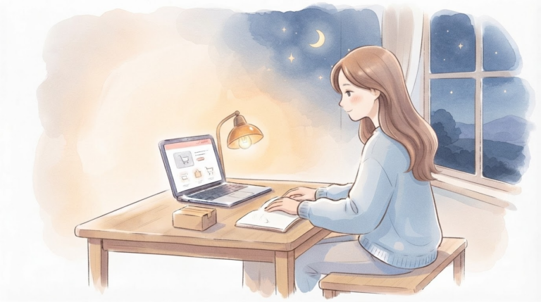 体調の波がある方が夜に自分のペースでAmazon物販に取り組む安心感のイラスト