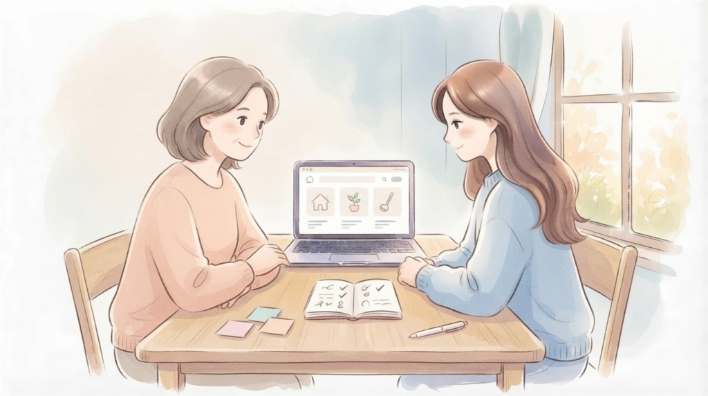 Amazon物販を親子で共同経営者のように役割分担して進める温かいイラスト