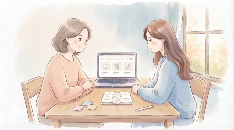 Amazon物販を親子で共同経営者のように役割分担して進める温かいイラスト