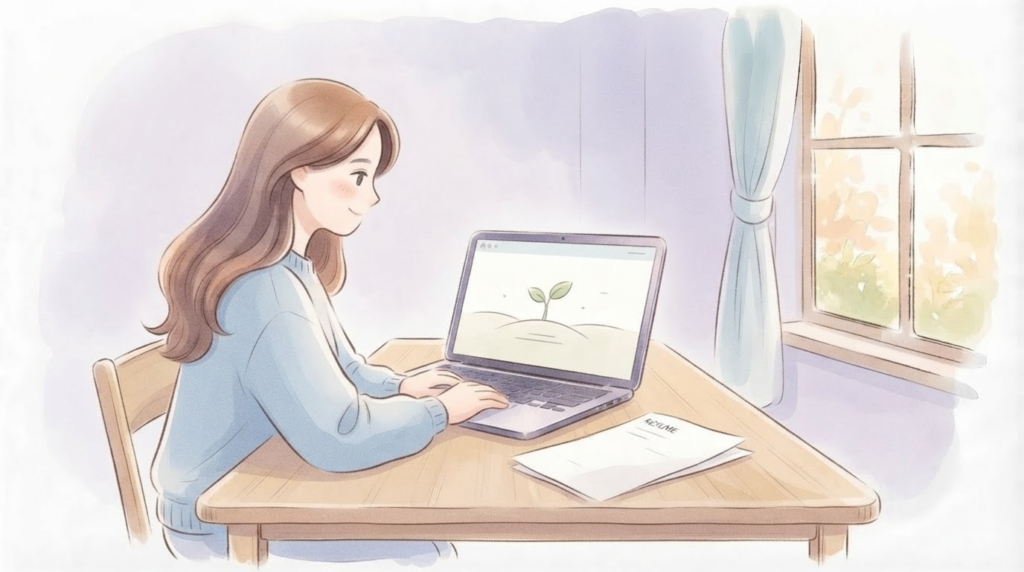 履歴書の空白期間を気にせずAmazon物販に向き合い、安堵する当事者のイラスト