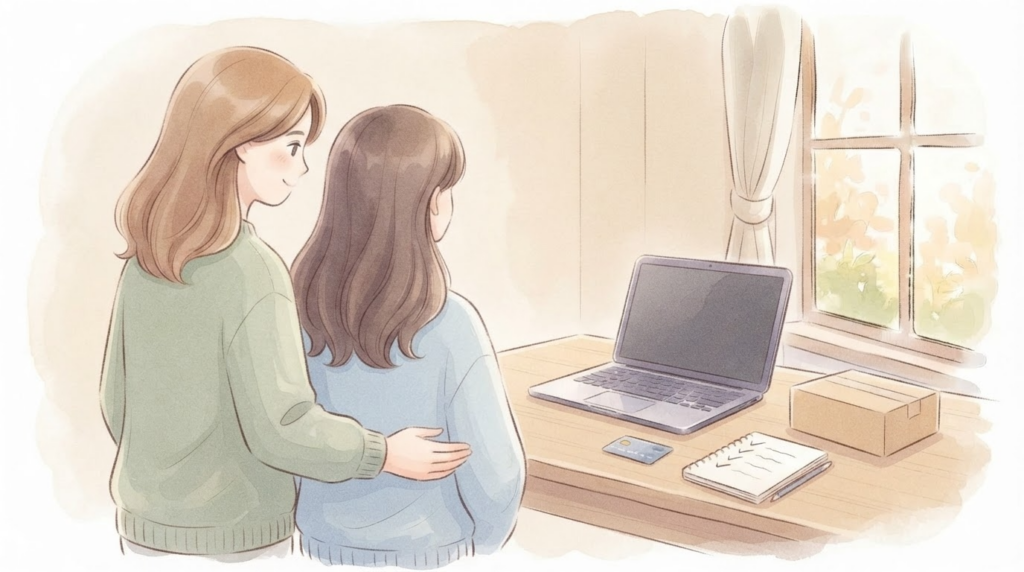 Amazon輸入物販スタートに必要な準備物を親子で確認する安心のイラスト