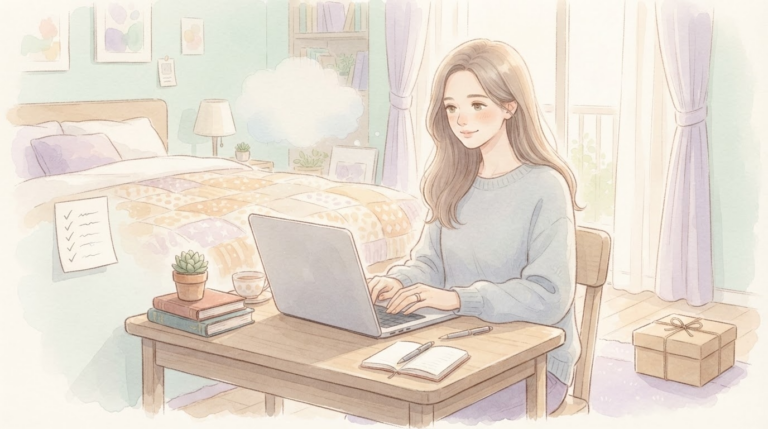 今の部屋の一角を小さな作業スペースに整え、無理なくAmazon物販に向かうイラスト