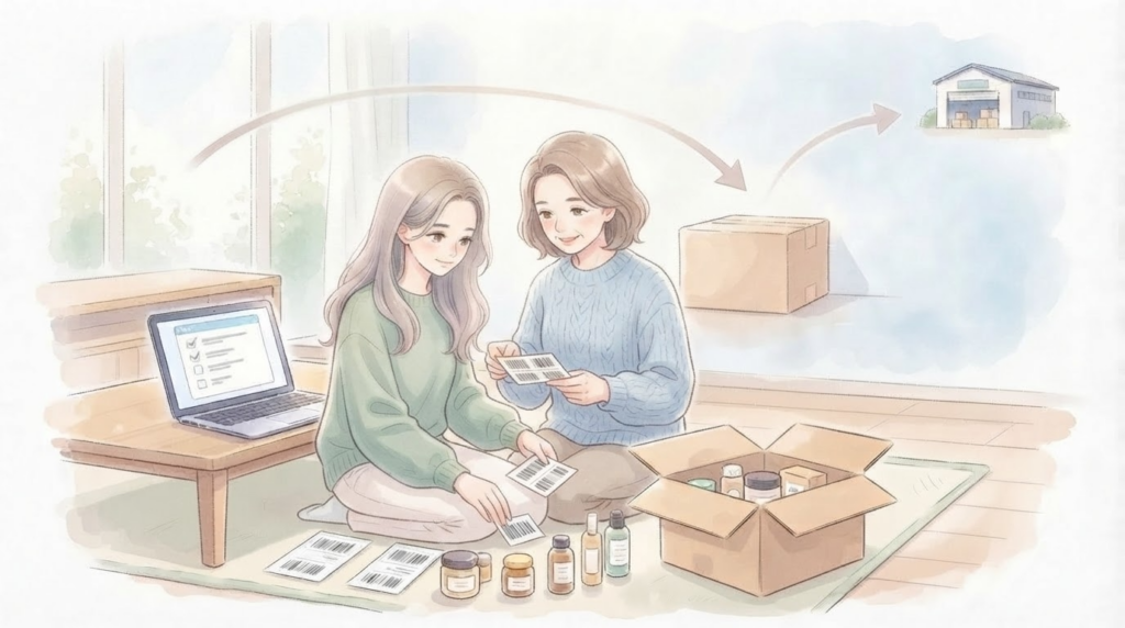 親子で一緒にFBA納品の手順（ラベル貼り・発送）を進める、安心感のあるイラスト