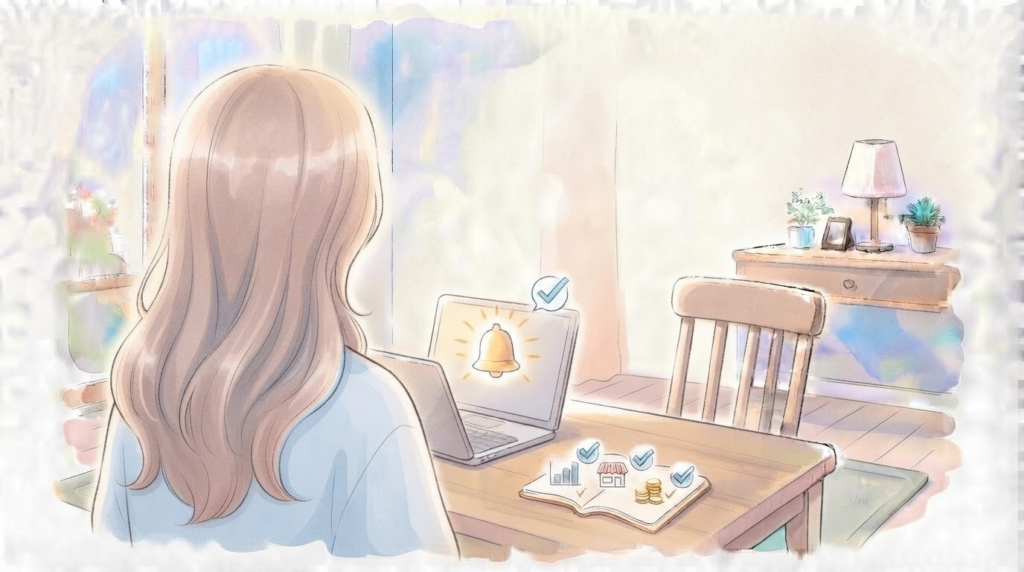 初めて商品が売れた瞬間の静かな喜びと、親子の温かい様子を描いたイラスト
