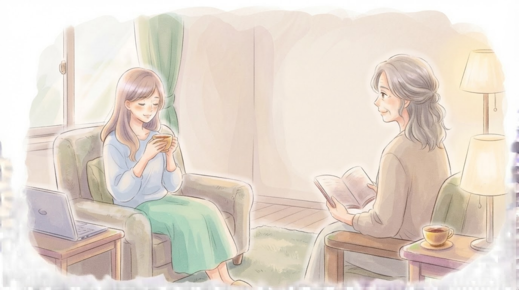 モチベーションが下がった時、無理に励まさず親子で静かに寄り添う様子のイラスト