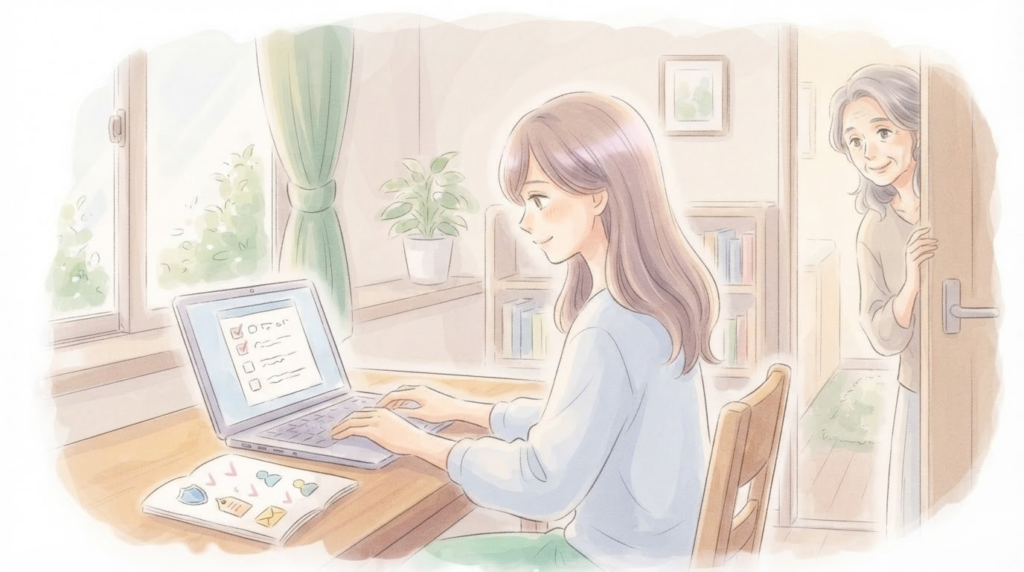 Amazon規約の最低限の注意点を確認し安心して長く続けようとする当事者のイラスト