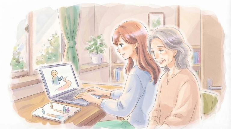 独学とプロサポートの2つの道を前に、一人で抱え込まなくていいと気づく親子のイラスト