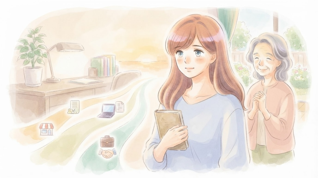 Amazon物販から広がる3つの未来の道（事業拡大・独立・就職）を見つめる当事者のイラスト