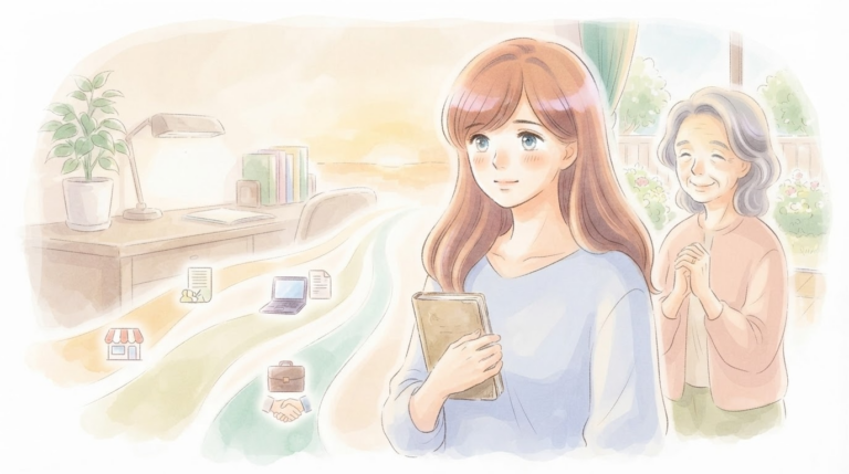 Amazon物販から広がる3つの未来の道（事業拡大・独立・就職）を見つめる当事者のイラスト