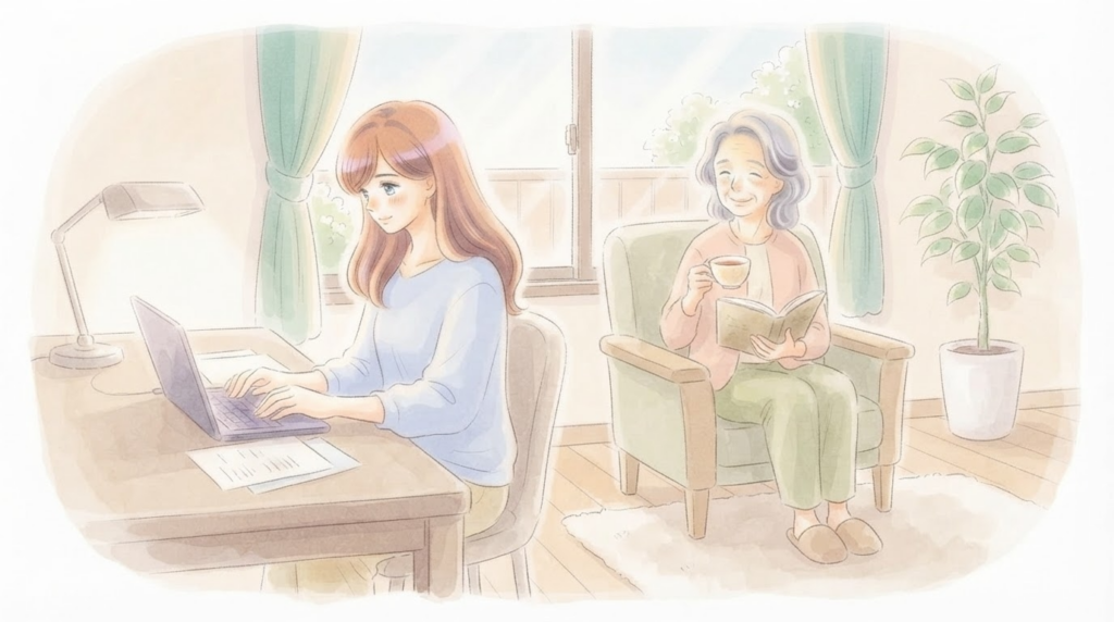 子どもの成長に合わせて適切な距離で見守る親御さんの温かいイラスト