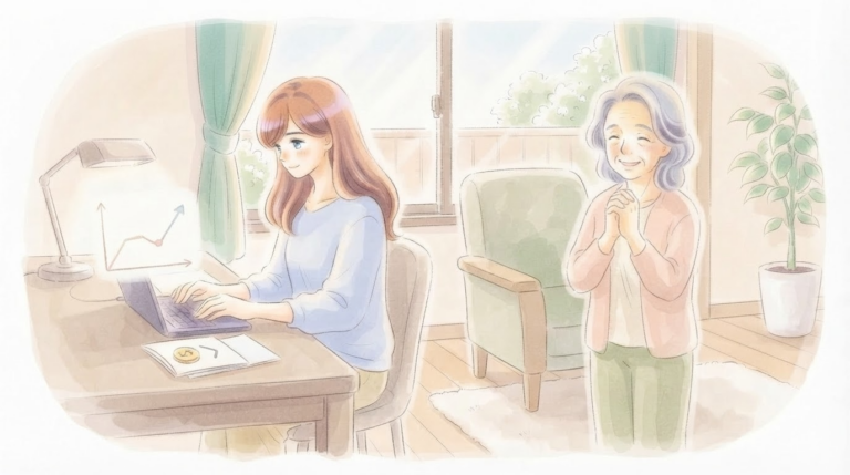 停滞期を経てゼロから月10万円を達成したAさんと親御さんの、静かな成長のイラスト