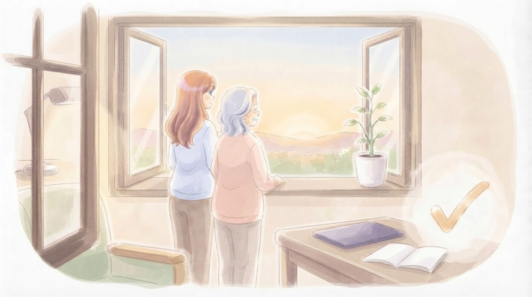 自分のペースで新しい未来を見つめる親子の穏やかなイラスト