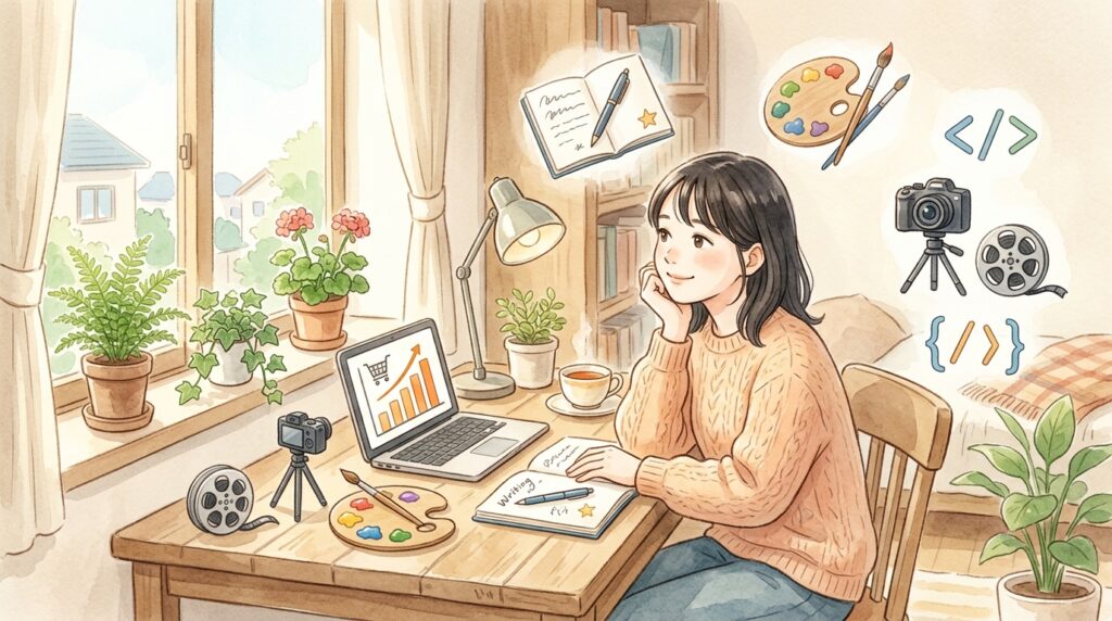 在宅デスクで様々な在宅ワークの選択肢を穏やかに考える若者を描いた引きこもりでも稼げる力を表す水彩画イラスト