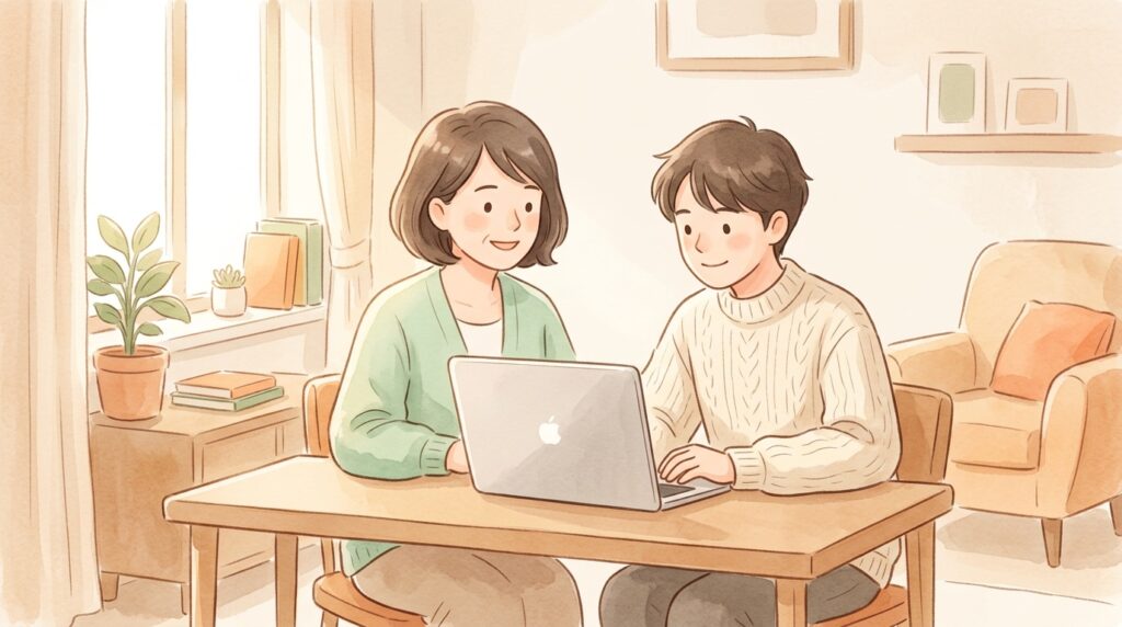 引きこもりの子どもと親がパソコン一台で在宅ワークを始める様子のイラスト