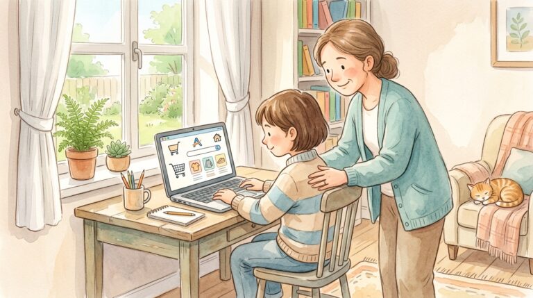 引きこもりの子どもが自宅でAmazon物販に取り組む様子と親御さんが寄り添うイラスト