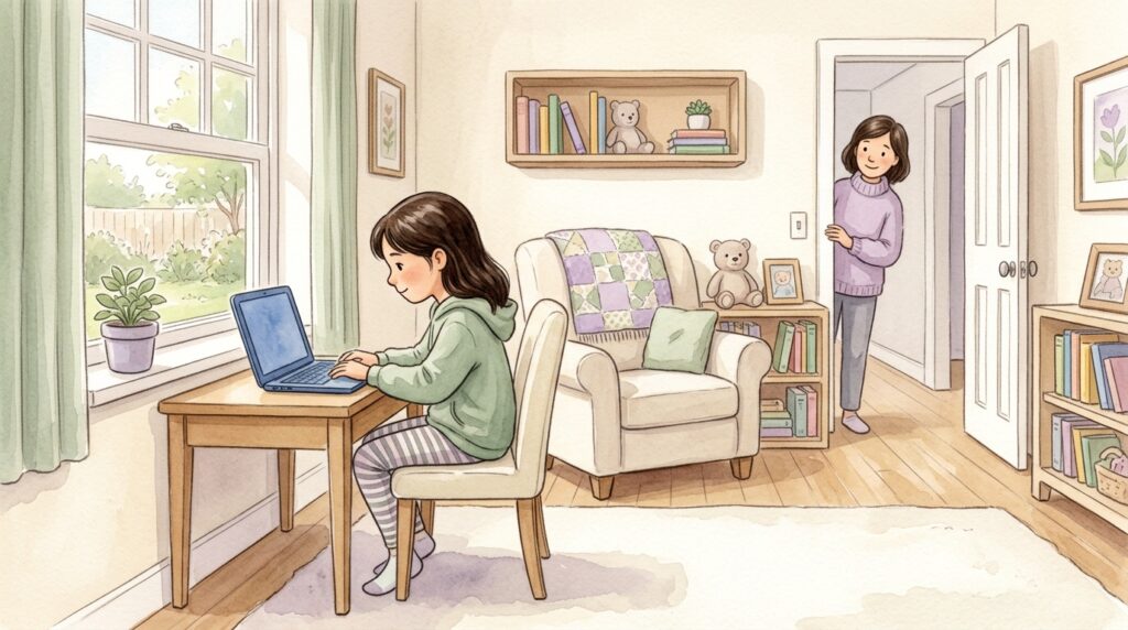 人と会わない在宅ワークで安心して自立を目指す引きこもりの若者と見守る親のイラスト