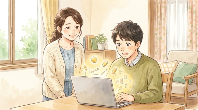 引きこもりの子どもが在宅ワークで初めて月1万円の収入を得て喜ぶ様子と見守る親のイラスト