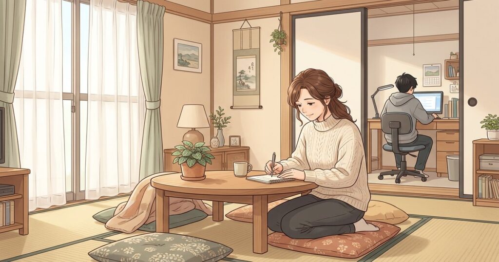 引きこもりの子に「やってみたら？」と言う前に親が整える3つの準備を表す温かな家庭のイラスト