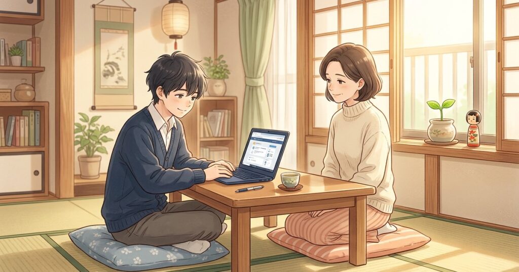 引きこもりの子どもが「やりたい」と言った瞬間に親が寄り添う温かな家庭のイラスト