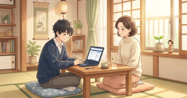 引きこもりの子どもが「やりたい」と言った瞬間に親が寄り添う温かな家庭のイラスト