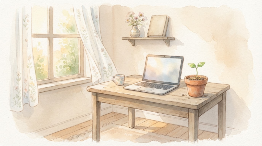 在宅ワークとAmazon輸入物販で新しい一歩を踏み出すイメージを表す、芽吹く苗の水彩イラスト