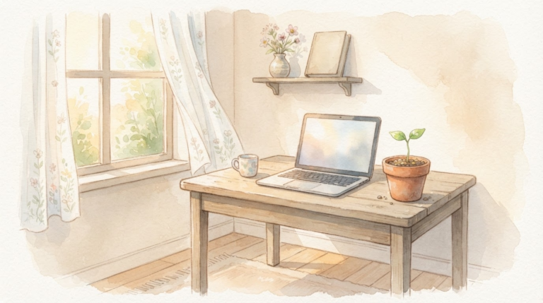 在宅ワークとAmazon輸入物販で新しい一歩を踏み出すイメージを表す、芽吹く苗の水彩イラスト