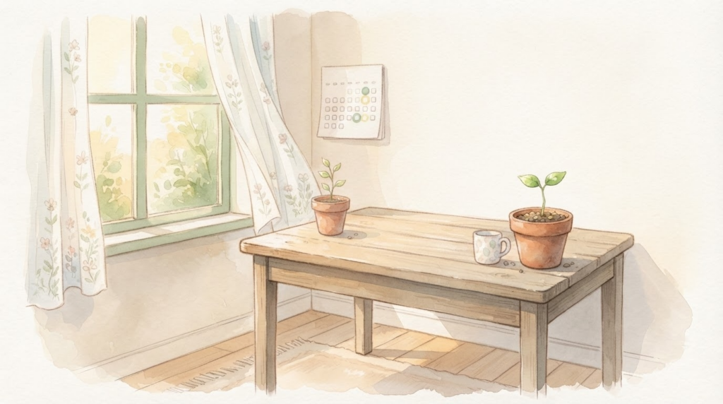 三日坊主でも大丈夫、休んでまた戻ればいいことを表すカレンダーと新芽のイラスト